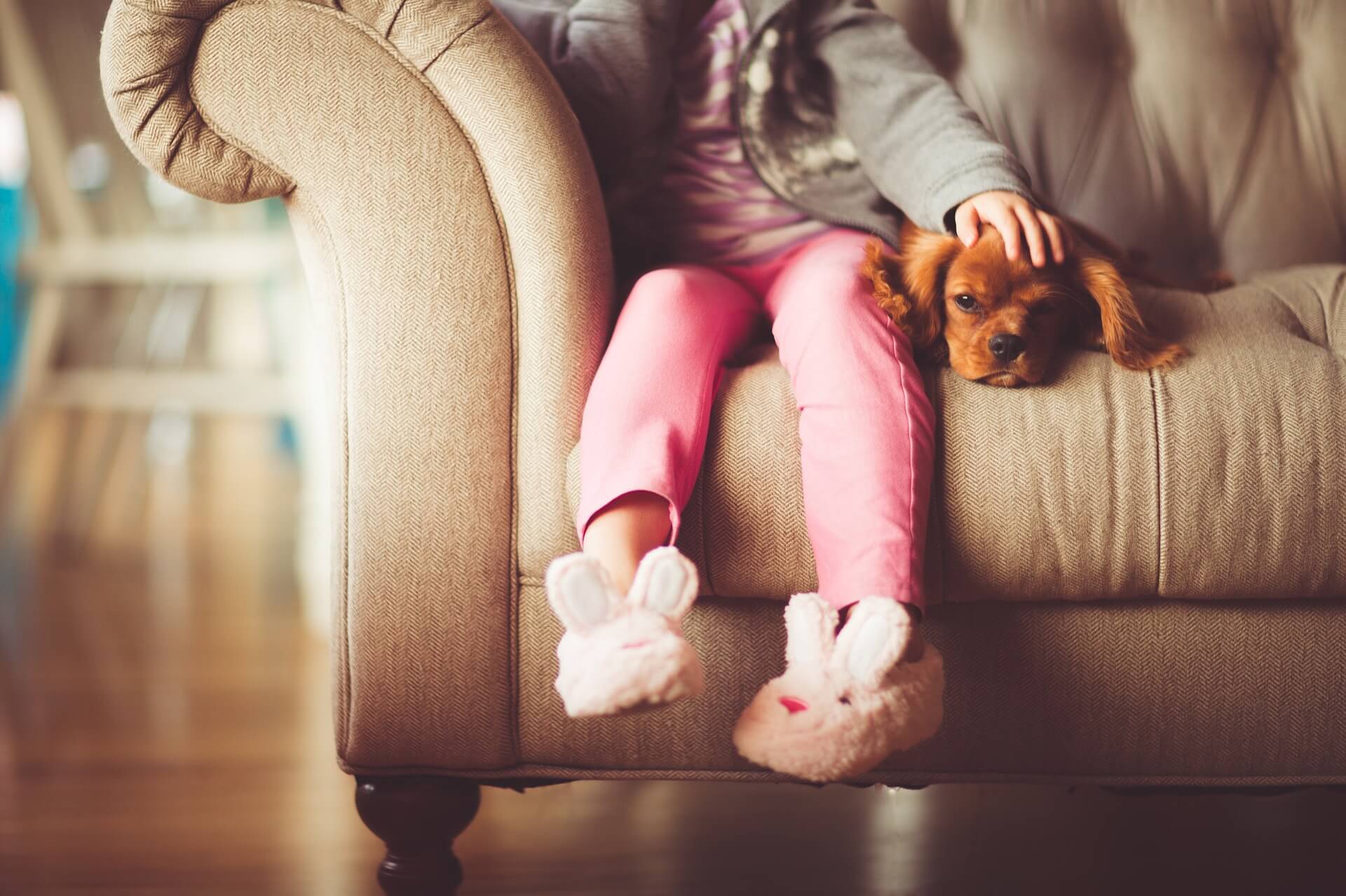 Little girl and dog on the couch after visiting the veterinarian in Shreveport, LA 